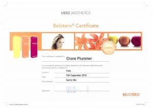 Belotero certification awarded to Diane Plummer Revive Aesthetics