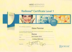 Radiesse Advanced Dermal Fillers certification level 1 awarded to Diane Plummer - Revive Aesthetics