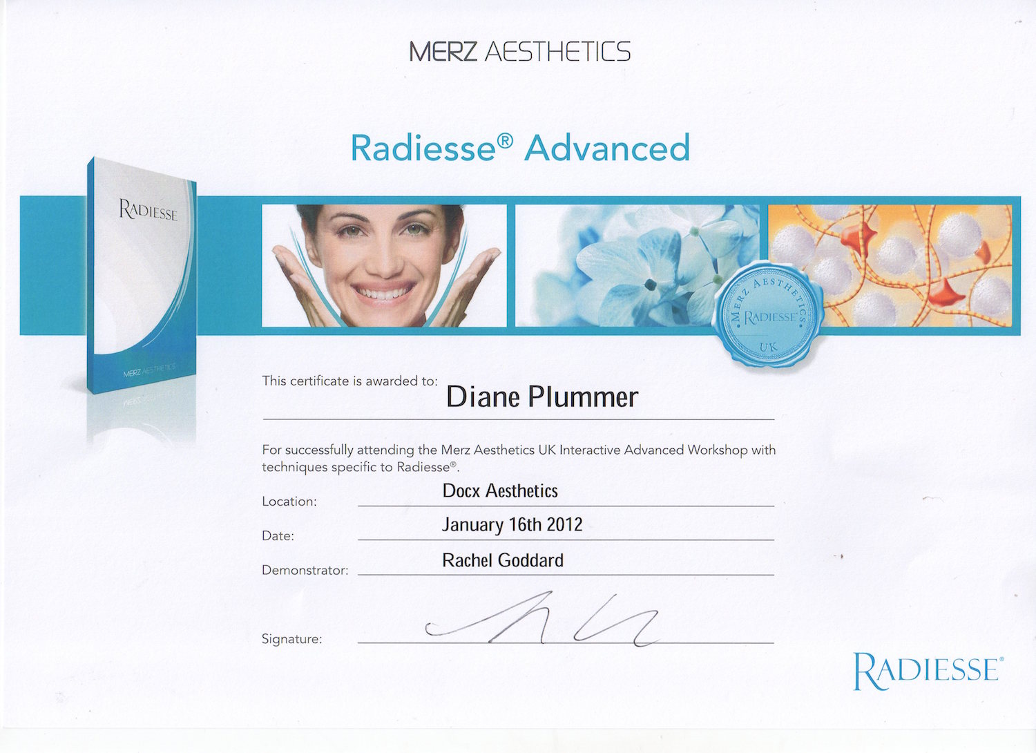 Radiesse Advanced Dermal Fillers certification awarded to Diane Plummer - Revive Aesthetics
