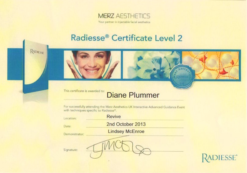 Radiesse Certificate Level 2 awarded to Diane Plummer – Revive Aesthetics